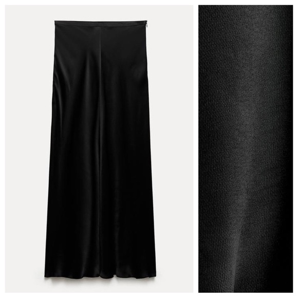 NWT. Zara ZW Collection Black Satin Effect High Waist Flared Midi Skirt. Size S. - Picture 4 of 11